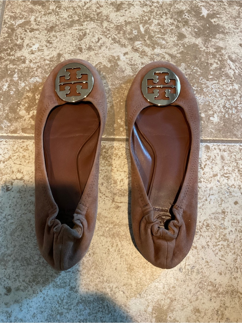 Tory Burch Chestnut Brown Suede Logo Ballet Flats